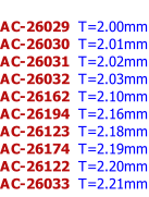 AC-26029  T=2.00mm AC-26030  T=2.01mm AC-26031  T=2.02mm AC-26032  T=2.03mm AC-26162  T=2.10mm AC-26194  T=2.16mm AC-26123  T=2.18mm AC-26174  T=2.19mm AC-26122  T=2.20mm AC-26033  T=2.21mm  AC-26032  T=2.03mm