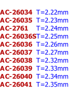 AC-26034  T=2.22mm AC-26035  T=2.23mm AC-2761    T=2.24mm AC-26036ST=2.25mm AC-26036  T=2.26mm AC-26037  T=2.27mm AC-26038  T=2.32mm AC-26039  T=2.33mm AC-26040  T=2.34mm AC-26041  T=2.35mm